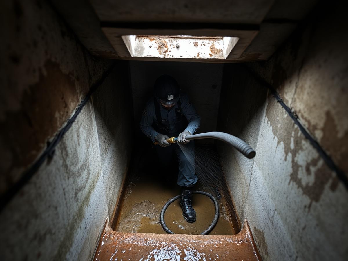 Technician pressure-washing the inside of a residential underground sump with a high-pressure jet