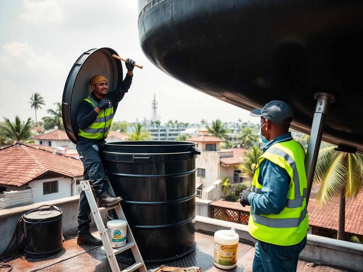 Technician cleaning an overhead water tank on the rooftop of an independent Bangalore house