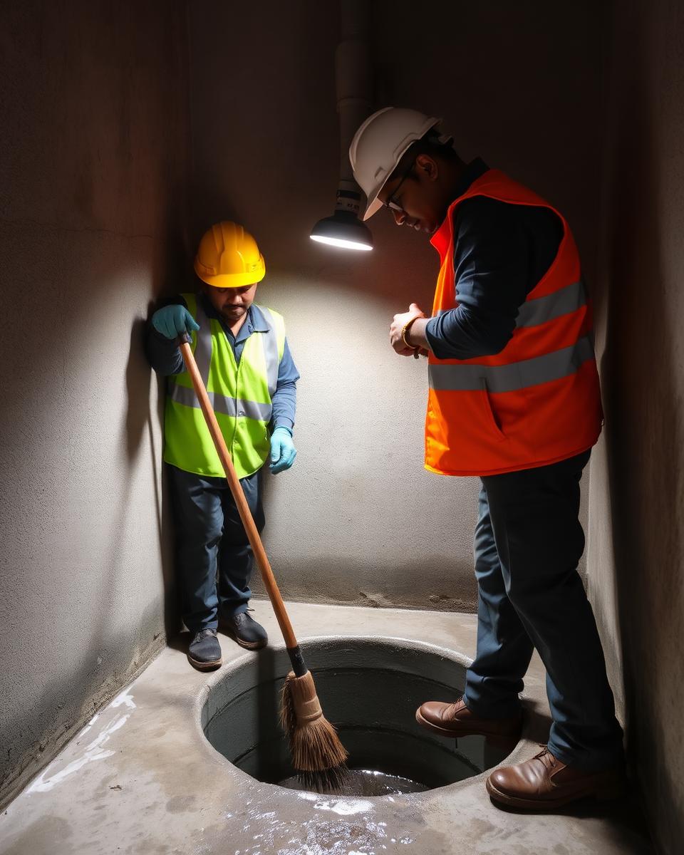 Two technicians in helmets and reflective vests cleaning a sump opening under a work lamp