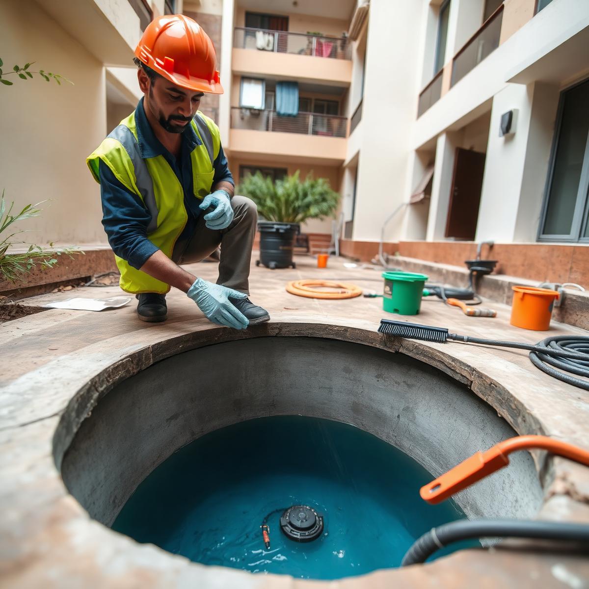 Technician scrubbing the inside of a concrete water sump during a professional cleaning service